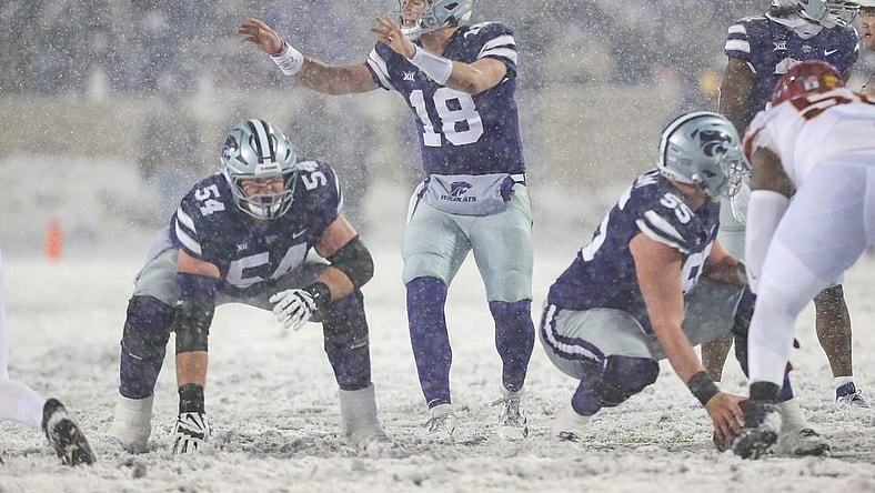 Nov 25, 2023; Manhattan, Kansas, USA; Kansas State Wildcats quarterback Will Howard (18) calls a play during the first quarter against the Iowa State Cyclones at Bill Snyder Family Football Stadium. Mandatory Credit: Scott Sewell-USA TODAY Sports