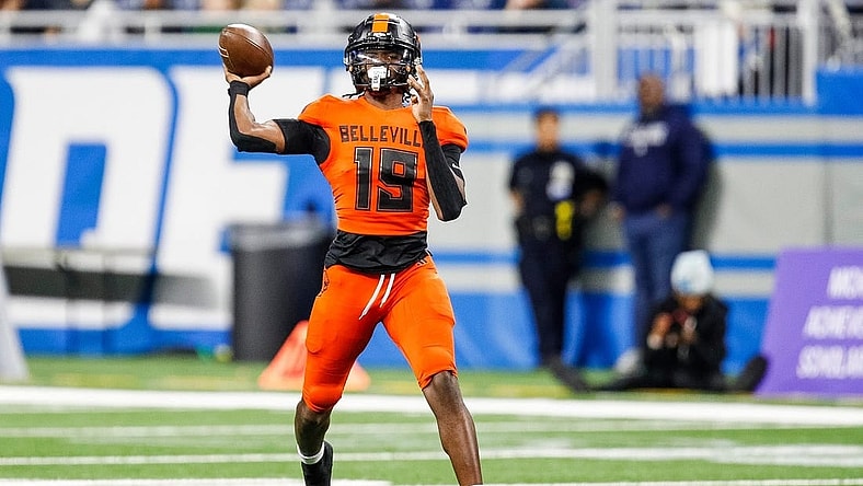 Belleville quarterback Bryce Underwood makes a pass against Southfield A&T during the first half of the Division 1 state final at Ford Field in Detroit on Sunday, Nov. 26, 2023.