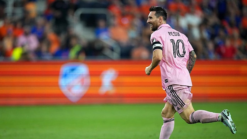Inter Miami CF forward Lionel Messi (10) celebrates a goal in the first period of extra time of a U.S. Open Cup semifinal match between Inter Miami and FC Cincinnati, Wednesday, Aug. 23, 2023, at TQL Stadium in Cincinnati.