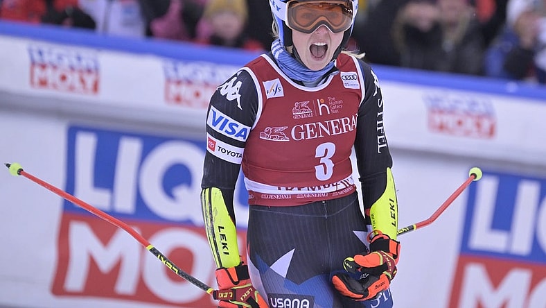 Dec 2, 2023; Mont Tremblant, Quebec, CAN; Mikaela Shiffrin of the United States reacts after the second run of the giant slalom race in the women's alpine skiing World Cup at Mont Tremblant. Mandatory Credit: Eric Bolte-USA TODAY Sports