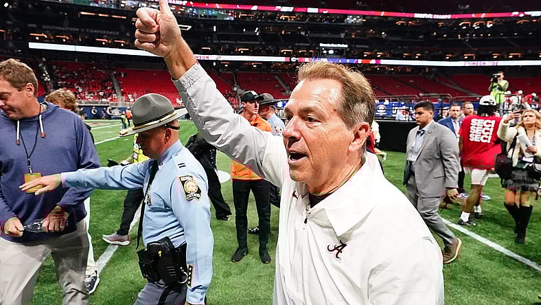 Dec 2, 2023; Atlanta, GA, USA; Alabama Crimson Tide head coach Nick Saban leaves the field after defeating the Georgia Bulldogs in the SEC Championship at Mercedes-Benz Stadium. Mandatory Credit: John David Mercer-USA TODAY Sports