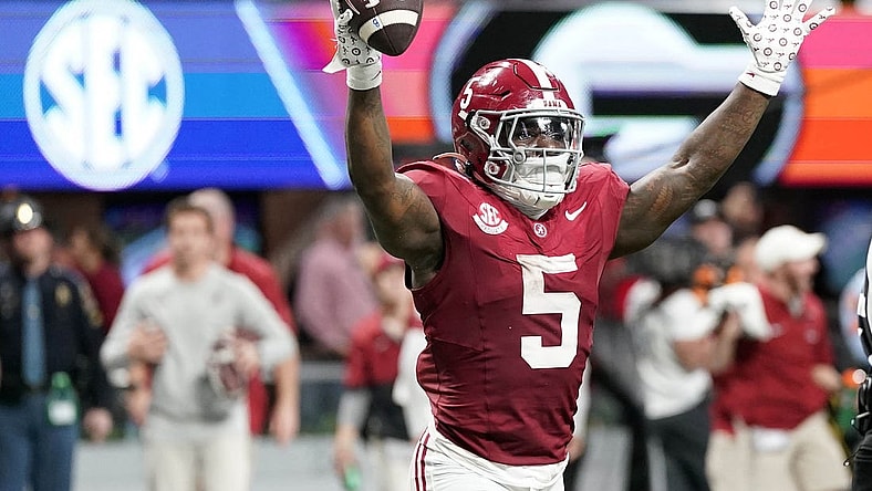 Dec 2, 2023; Atlanta, GA, USA; Alabama Crimson Tide running back Roydell Williams (5) reacts against the Georgia Bulldogs during the second half in the SEC Championship game at Mercedes-Benz Stadium. Mandatory Credit: Dale Zanine-USA TODAY Sports