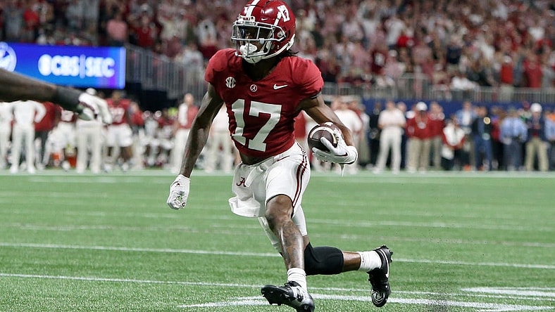 Dec 2, 2023; Atlanta, GA, USA; Alabama Crimson Tide wide receiver Isaiah Bond (17) runs for a touchdown against the Georgia Bulldogs in the fourth quarter at Mercedes-Benz Stadium. Mandatory Credit: Brett Davis-USA TODAY Sports