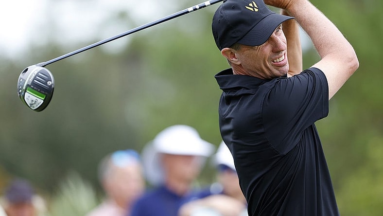 Dec 8, 2023; Bradenton, Florida, USA; Team International s Steven Alker hits a shot on the seventh tee in their afternoon round at The Concession Golf Club. Mandatory Credit: Jeff Swinger-USA TODAY Sports