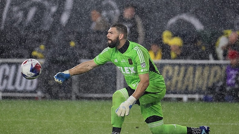 Dec 9, 2023; Columbus, OH, USA; Los Angeles FC goalkeeper Maxime Crepeau (16) plays the ball against the Columbus Crew in the 2023 MLS Cup championship game at Lower.com Field. Mandatory Credit: Trevor Ruszkowski-USA TODAY Sports