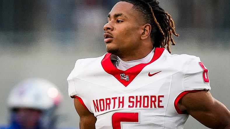 North Shore defensive back Devin Sanchez (6) runs off the field in the third quarter of the 6A UIL high school football semifinal game at the Pfield in Pflugerville, Saturday, December 9, 2023. North Shore defeated Westlake 23-14, knocking them out of the playoffs.