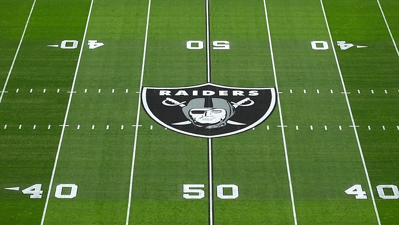Dec 10, 2023; Paradise, Nevada, USA; The Las Vegas Raiders shield logo at midfield at Allegiant Stadium. Mandatory Credit: Kirby Lee-USA TODAY Sports