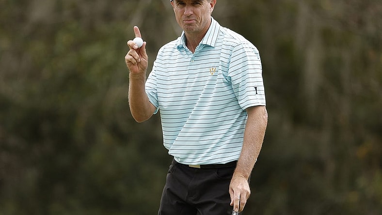 Dec 10, 2023; Bradenton, Florida, USA; Team International s Steven Alker reacts to an eagle putt on the eighth hole during their afternoon round at The Concession Golf Club. Mandatory Credit: Jeff Swinger-USA TODAY Sports