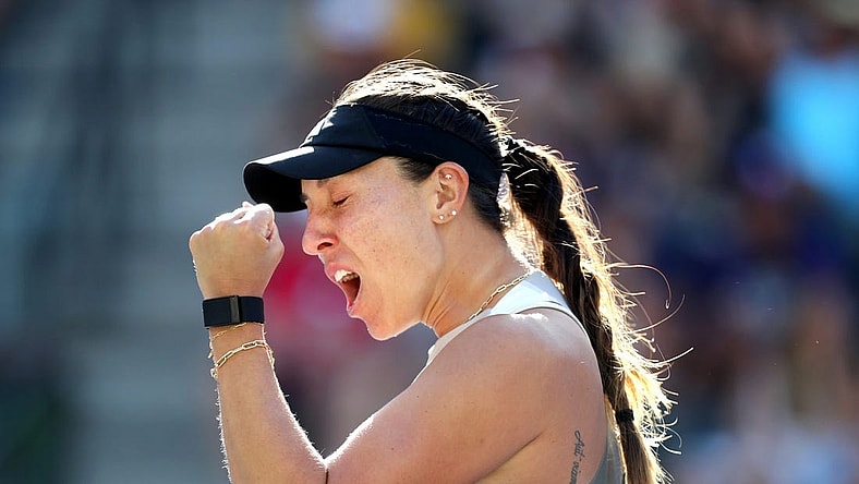 Jessica Pegula reacts after defeating Anastasia Potapova during the BNP Paribas Open at the Indian Wells Tennis Garden in Indian Wells, Calif., on Sunday, March 12, 2023.