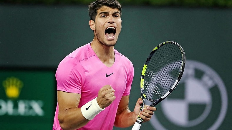 Carlos Alcaraz reacts during his win against Tallon Grieskpoor during the BNP Paribas Open in Indian Wells, Calif., on Monday, March 13, 2023.