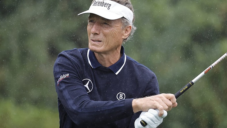 Dec 17, 2023; Orlando, Florida, USA;  Bernhard Langer plays his shot from the first tee during the PNC Championship at The Ritz-Carlton Golf Club. Mandatory Credit: Reinhold Matay-USA TODAY Sports