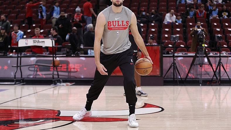 Dec 20, 2023; Chicago, Illinois, USA; Chicago Bulls guard Zach LaVine (8) warms up before a game against the Los Angeles Lakers at United Center. Mandatory Credit: Kamil Krzaczynski-USA TODAY Sports