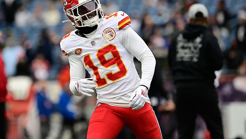 Dec 17, 2023; Foxborough, Massachusetts, USA; Kansas City Chiefs wide receiver Kadarius Toney (19) warms up before a game against the New England Patriots at Gillette Stadium. Mandatory Credit: Eric Canha-USA TODAY Sports