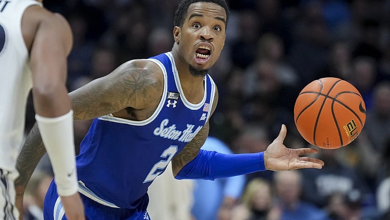 Dec 23, 2023; Cincinnati, Ohio, USA;  Seton Hall Pirates guard Al-Amir Dawes (2) reacts as he dribbles the ball against the Xavier Musketeers in the second half at the Cintas Center. Mandatory Credit: Aaron Doster-USA TODAY Sports