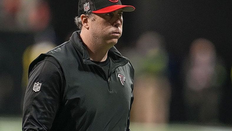 Dec 24, 2023; Atlanta, Georgia, USA; Atlanta Falcons head coach Arthur Smith shown on the field after the game against the Indianapolis Colts at Mercedes-Benz Stadium. Mandatory Credit: Dale Zanine-USA TODAY Sports