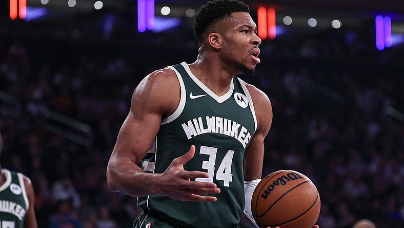 Dec 25, 2023; New York, New York, USA; Milwaukee Bucks forward Giannis Antetokounmpo (34) reacts after being called for a foul during the first quarter against the New York Knicks at Madison Square Garden. Mandatory Credit: Vincent Carchietta-USA TODAY Sports