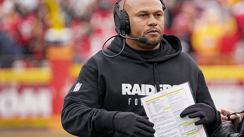 Dec 25, 2023; Kansas City, Missouri, USA; Las Vegas Raiders interim head coach Antonio Pierce on field against the Kansas City Chiefs during the first half at GEHA Field at Arrowhead Stadium. Mandatory Credit: Denny Medley-USA TODAY Sports