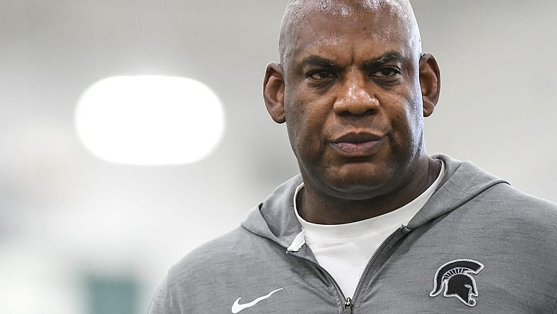 MSU football coach Mel Tucker pictured Tuesday, March 14, 2023, during the first day of spring practice at the indoor football facilty in East Lansing.