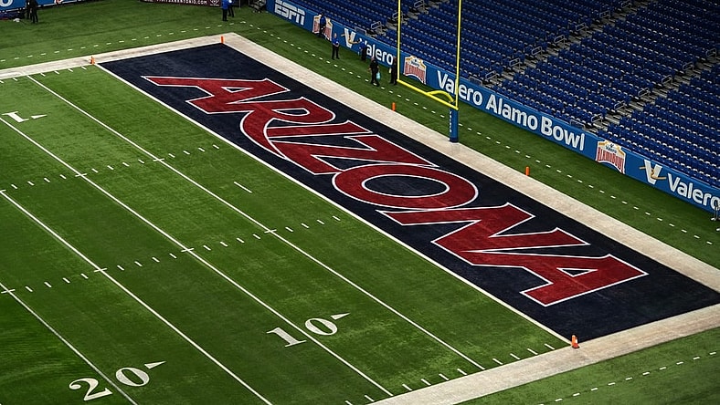 Dec 28, 2023; San Antonio, TX, USA; The Arizona Wildcats logo in the end zone at Alamodome. Mandatory Credit: Kirby Lee-USA TODAY Sports