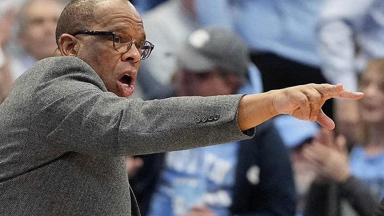 Dec 29, 2023; Chapel Hill, North Carolina, USA; North Carolina Tar Heels head coach Hubert Davis in the second half at Dean E. Smith Center. Mandatory Credit: Bob Donnan-USA TODAY Sports
