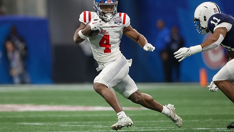Dec 30, 2023; Atlanta, GA, USA; Mississippi Rebels running back Quinshon Judkins (4) runs the ball against the Penn State Nittany Lions in the first quarter at Mercedes-Benz Stadium. Mandatory Credit: Brett Davis-USA TODAY Sports