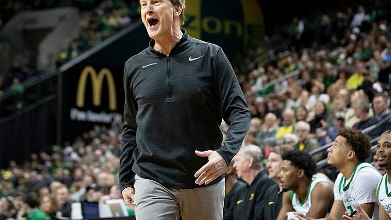 Oregon head coach Dana Altman yells at the referees after a call in the first half as the Oregon Ducks host the UCLA Bruins Saturday, Dec. 30, 2023, at Matthew Knight Arena in Eugene, Ore.