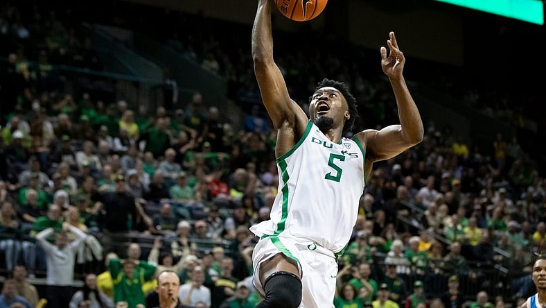 Oregon guard Jermaine Couisnard goes up for a shot as the Oregon Ducks host the UCLA Bruins Saturday, Dec. 30, 2023, at Matthew Knight Arena in Eugene, Ore.