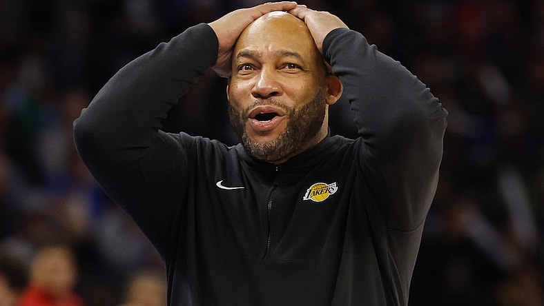 Dec 30, 2023; Minneapolis, Minnesota, USA; Los Angeles Lakers head coach Darvin Ham reacts to call by a referee for the Minnesota Timberwolves in the third quarter at Target Center. Mandatory Credit: Bruce Kluckhohn-USA TODAY Sports