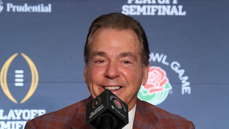 Dec 31, 2023; Los Angeles, CA, USA; Alabama Crimson Tide head coach Nick Saban at the Rose Bowl coaches press conference at the Sheraton Grand  Mandatory Credit: Kirby Lee-USA TODAY Sports