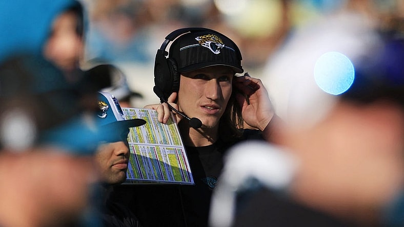 Jacksonville Jaguars quarterback Trevor Lawrence (16) looks on from the sideline during the fourth quarter of a regular season NFL football matchup Sunday, Dec. 31, 2023 at EverBank Stadium in Jacksonville, Fla. The Jacksonville Jaguars blanked the Carolina Panthers 26-0. [Corey Perrine/Florida Times-Union]