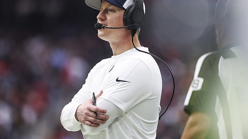 Dec 31, 2023; Houston, Texas, USA; Houston Texans offensive coordinator Bobby Slowik on the sideline during the game against the Tennessee Titans at NRG Stadium. Mandatory Credit: Troy Taormina-USA TODAY Sports