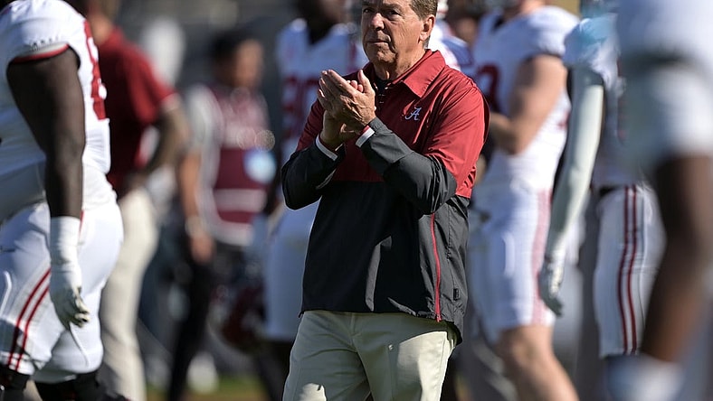 Jan 1, 2024; Pasadena, CA, USA; Alabama Crimson Tide head coach Nick Saban looks before the game against the Michigan Wolverines in the 2024 Rose Bowl college football playoff semifinal game at Rose Bowl. Mandatory Credit: Jayne Kamin-Oncea-USA TODAY Sports