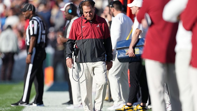Jan 1, 2024; Pasadena, CA, USA; Alabama Crimson Tide head coach Nick Saban walks the sideline during the first half against the Michigan Wolverines in the 2024 Rose Bowl college football playoff semifinal game at Rose Bowl. Mandatory Credit: Kirby Lee-USA TODAY Sports