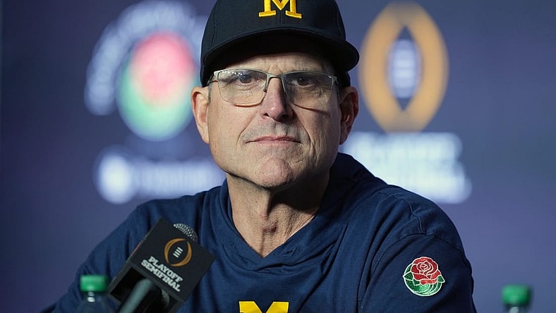 Jan 1, 2024; Pasadena, CA, USA; Michigan Wolverines head coach Jim Harbaugh speaks in a press conference after defeating the Alabama Crimson Tide in the 2024 Rose Bowl college football playoff semifinal game at Rose Bowl. Mandatory Credit: Kirby Lee-USA TODAY Sports