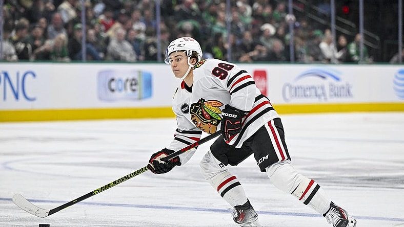 Dec 31, 2023; Dallas, Texas, USA; Chicago Blackhawks center Connor Bedard (98) in action during the game between the Dallas Stars and the Chicago Blackhawks at the American Airlines Center. Mandatory Credit: Jerome Miron-USA TODAY Sports