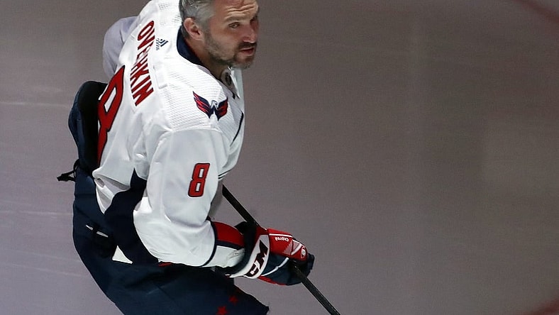 Jan 2, 2024; Pittsburgh, Pennsylvania, USA;  Washington Capitals left wing Alex Ovechkin (8) takes the ice to warm up before the game against the Pittsburgh Penguins at PPG Paints Arena. Mandatory Credit: Charles LeClaire-USA TODAY Sports