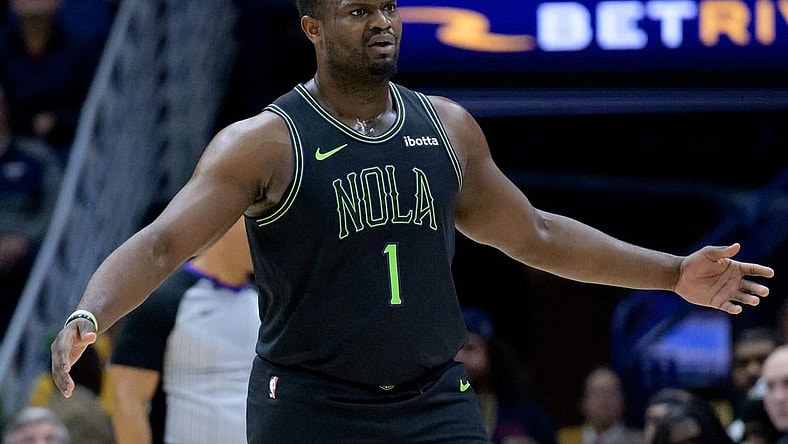 Jan 2, 2024; New Orleans, Louisiana, USA;  New Orleans Pelicans forward Zion Williamson (1) reacts after being called for a foul against the Brooklyn Nets during the first quarter at Smoothie King Center. Mandatory Credit: Matthew Hinton-USA TODAY Sports