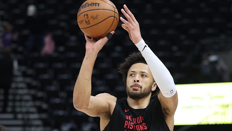 Jan 3, 2024; Salt Lake City, Utah, USA; Detroit Pistons guard Cade Cunningham (2) warms up prior to the game against the Utah Jazz at Delta Center. Mandatory Credit: Rob Gray-USA TODAY Sports