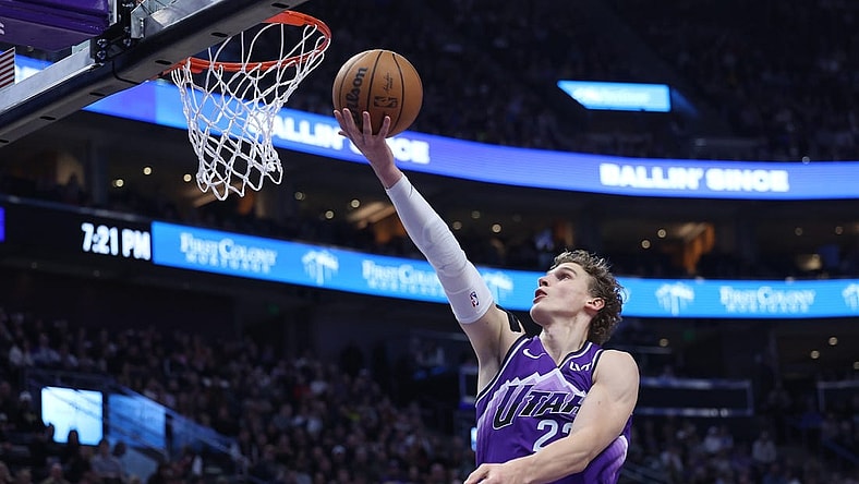 Jan 3, 2024; Salt Lake City, Utah, USA; Utah Jazz forward Lauri Markkanen (23) lays the ball up against the Detroit Pistons during the first quarter at Delta Center. Mandatory Credit: Rob Gray-USA TODAY Sports