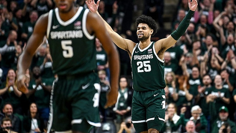 Michigan State's Malik Hall celebrates after a 3-pointer against Penn State during the first half on Thursday, Jan. 4, 2024, in East Lansing.
