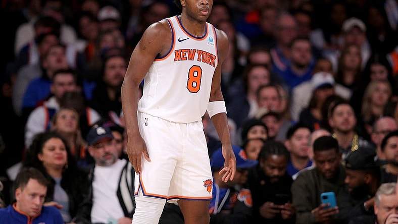 Jan 3, 2024; New York, New York, USA; New York Knicks forward OG Anunoby (8) during the fourth quarter against the Chicago Bulls at Madison Square Garden. Mandatory Credit: Brad Penner-USA TODAY Sports