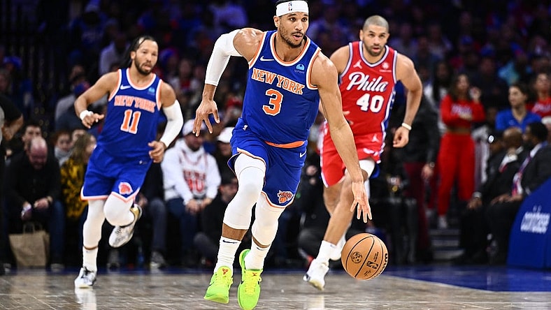 Jan 5, 2024; Philadelphia, Pennsylvania, USA; New York Knicks guard Josh Hart (3) controls the ball against the Philadelphia 76ers in the second quarter at Wells Fargo Center. Mandatory Credit: Kyle Ross-USA TODAY Sports