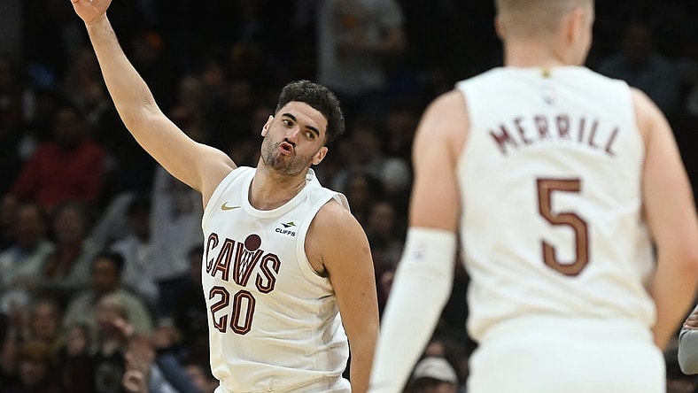 Jan 5, 2024; Cleveland, Ohio, USA; Cleveland Cavaliers forward Georges Niang (20) celebrates after hitting a three point basket during the second half against the Washington Wizards at Rocket Mortgage FieldHouse. Mandatory Credit: Ken Blaze-USA TODAY Sports