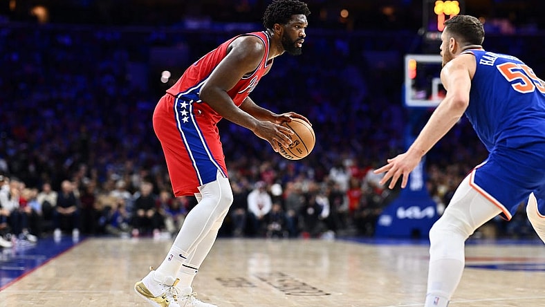 Jan 5, 2024; Philadelphia, Pennsylvania, USA; Philadelphia 76ers center Joel Embiid (21) controls the ball against the New York Knicks in the third quarter at Wells Fargo Center. Mandatory Credit: Kyle Ross-USA TODAY Sports