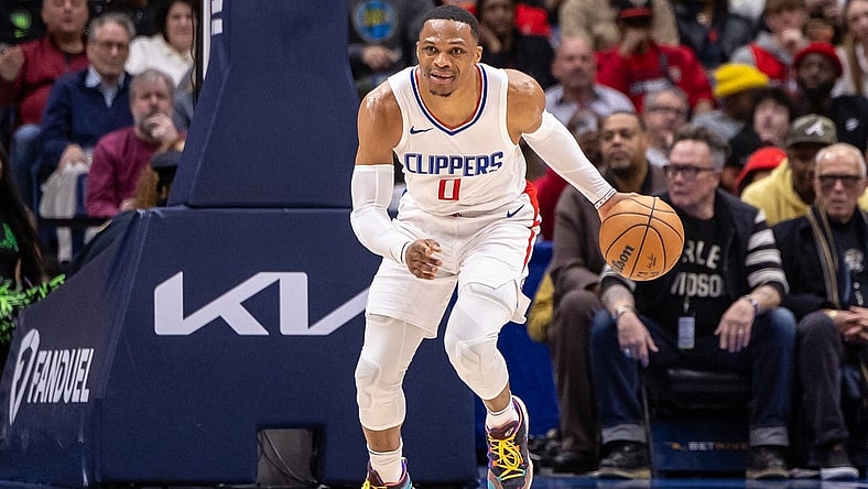 Jan 5, 2024; New Orleans, Louisiana, USA;  LA Clippers guard Russell Westbrook (0) brings the ball up court against the New Orleans Pelicans during the second half at Smoothie King Center. Mandatory Credit: Stephen Lew-USA TODAY Sports