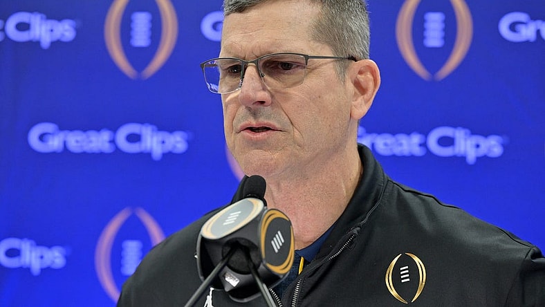 Jan 6, 2024; Houston, TX, USA; Michigan Wolverines head coach Jim Harbaugh talks to the media during media day before the College Football Playoff national championship game against the Washington Huskies at George R Brown Convention Center. Mandatory Credit: Maria Lysaker-USA TODAY Sports