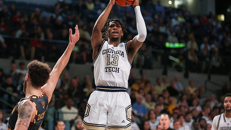 Jan 6, 2024; Atlanta, Georgia, USA; Georgia Tech Yellow Jackets guard Miles Kelly (13) shoots against the Boston College Eagles in the second half at McCamish Pavilion. Mandatory Credit: Brett Davis-USA TODAY Sports