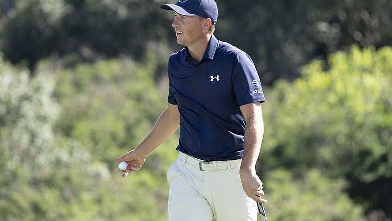 January 6, 2024; Maui, Hawaii, USA; Jordan Spieth smiles after making his putt on the 18th hole during the third round of The Sentry golf tournament at Kapalua Golf - The Plantation Course. Mandatory Credit: Kyle Terada-USA TODAY Sports