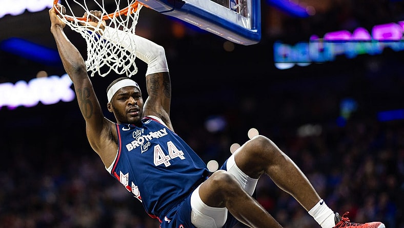 Jan 6, 2024; Philadelphia, Pennsylvania, USA; Philadelphia 76ers forward Paul Reed (44) dunks the ball against the Utah Jazz during the second quarter at Wells Fargo Center. Mandatory Credit: Bill Streicher-USA TODAY Sports