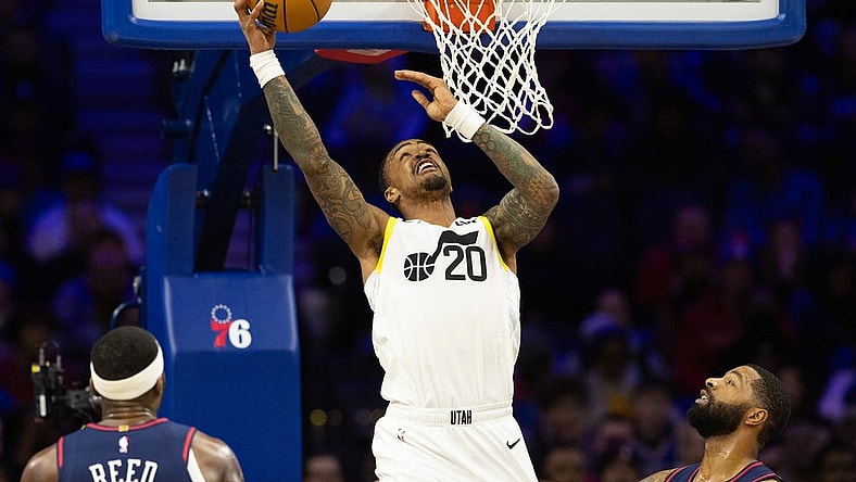 Jan 6, 2024; Philadelphia, Pennsylvania, USA; Utah Jazz forward John Collins (20) scores against the Philadelphia 76ers during the second quarter at Wells Fargo Center. Mandatory Credit: Bill Streicher-USA TODAY Sports